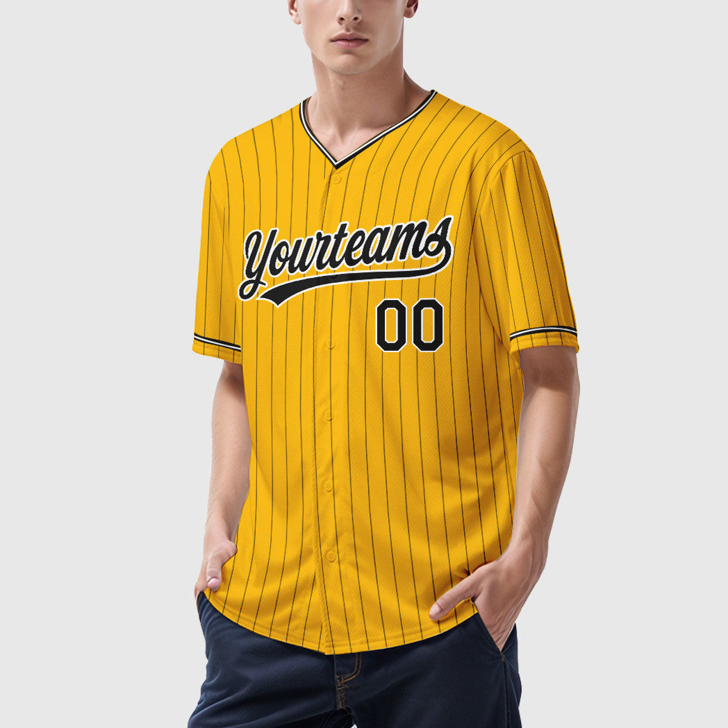 Custom Gold Black Black-White Pinstripe Baseball Jersey