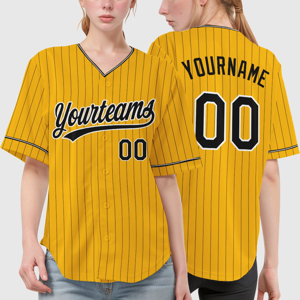Custom Gold Black Black-White Pinstripe Baseball Jersey