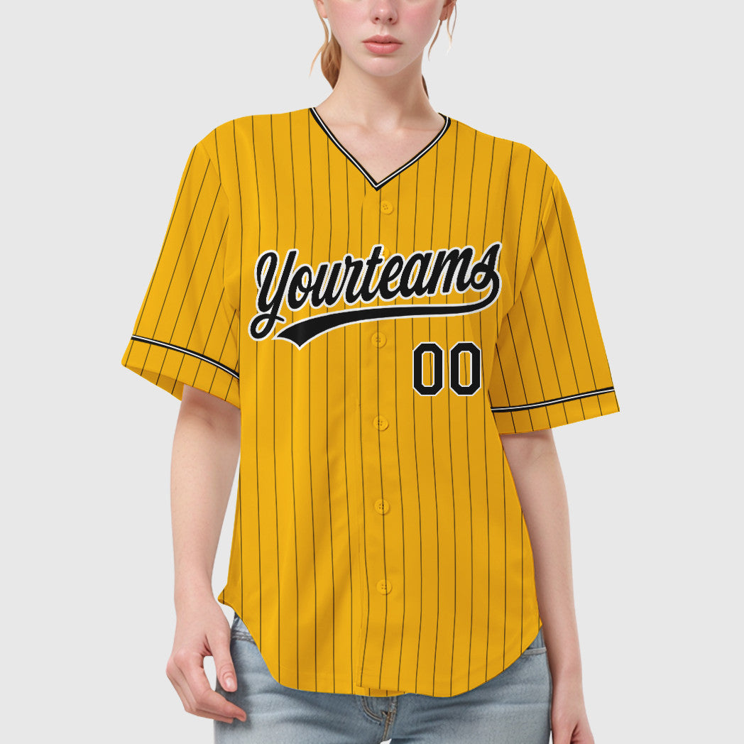 Custom Gold Black Black-White Pinstripe Baseball Jersey
