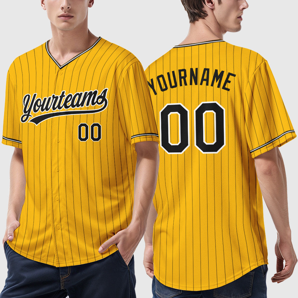 Custom Gold Black Black-White Pinstripe Baseball Jersey