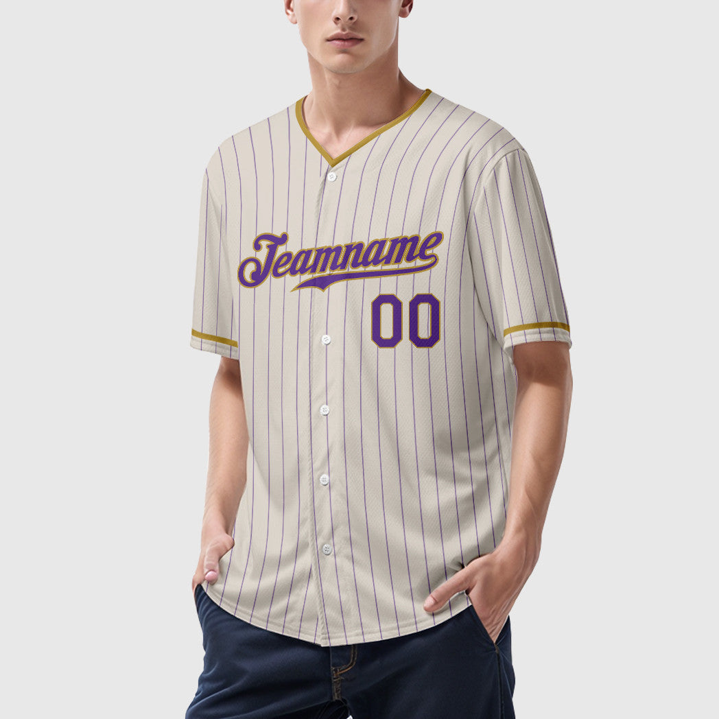 Custom Cream Purple Old Gold Pinstripe Baseball Jersey