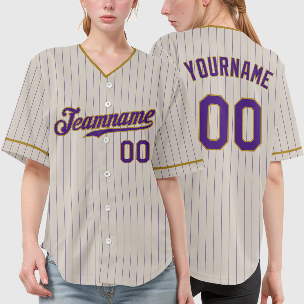 Custom Cream Purple Old Gold Pinstripe Baseball Jersey