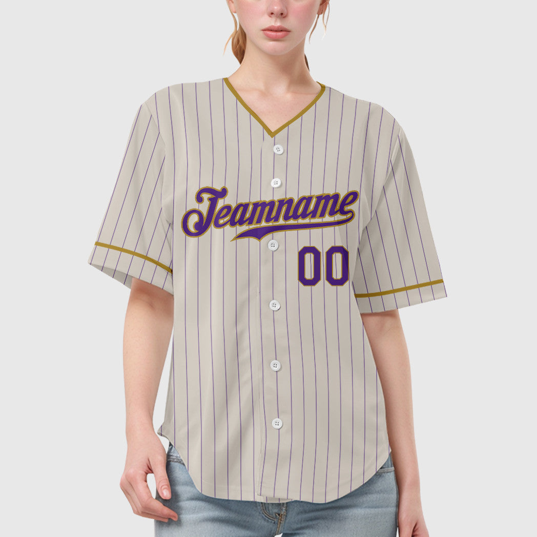 Custom Cream Purple Old Gold Pinstripe Baseball Jersey