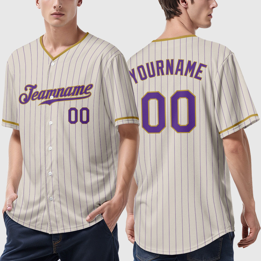 Custom Cream Purple Old Gold Pinstripe Baseball Jersey