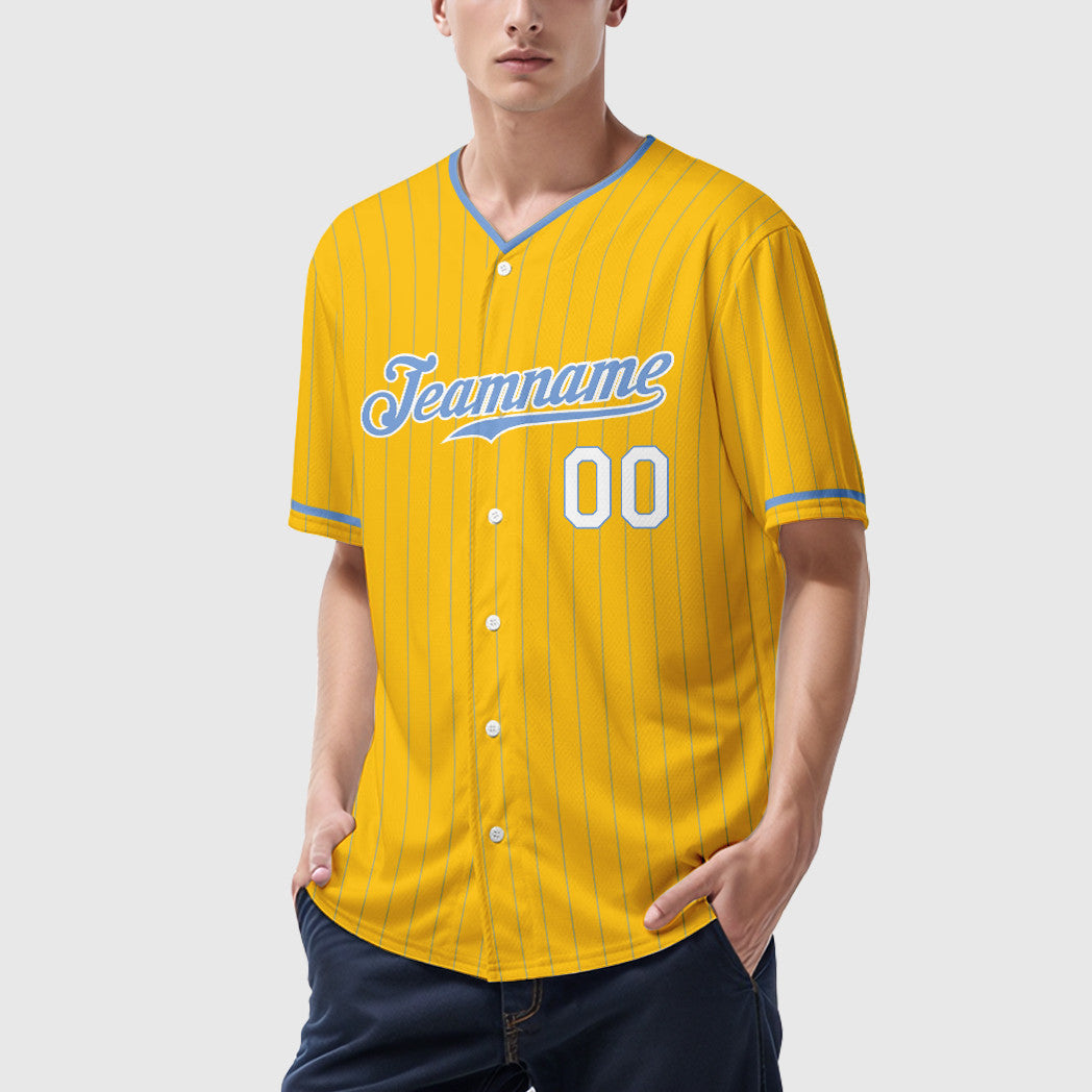 Custom Yellow Light Blue Light Blue-White Pinstripe Baseball Jersey