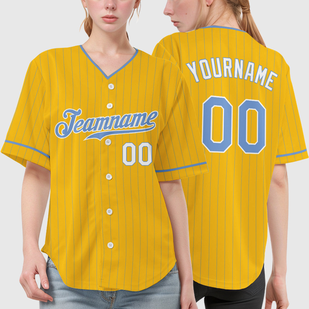 Custom Yellow Light Blue Light Blue-White Pinstripe Baseball Jersey