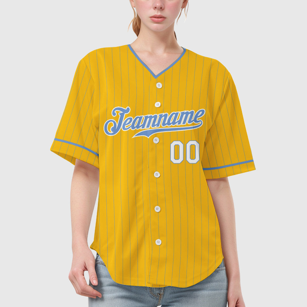 Custom Yellow Light Blue Light Blue-White Pinstripe Baseball Jersey