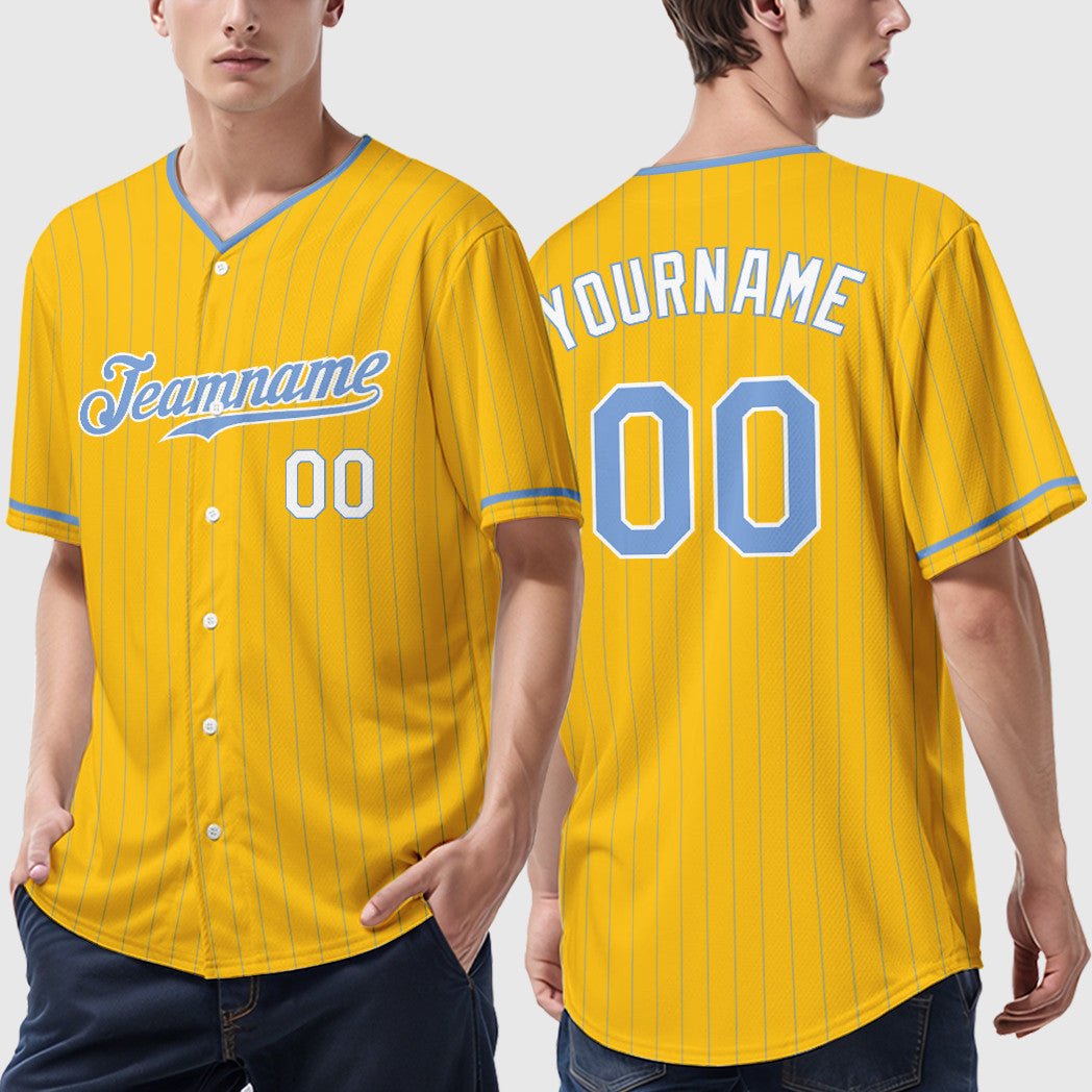 Custom Yellow Light Blue Light Blue-White Pinstripe Baseball Jersey