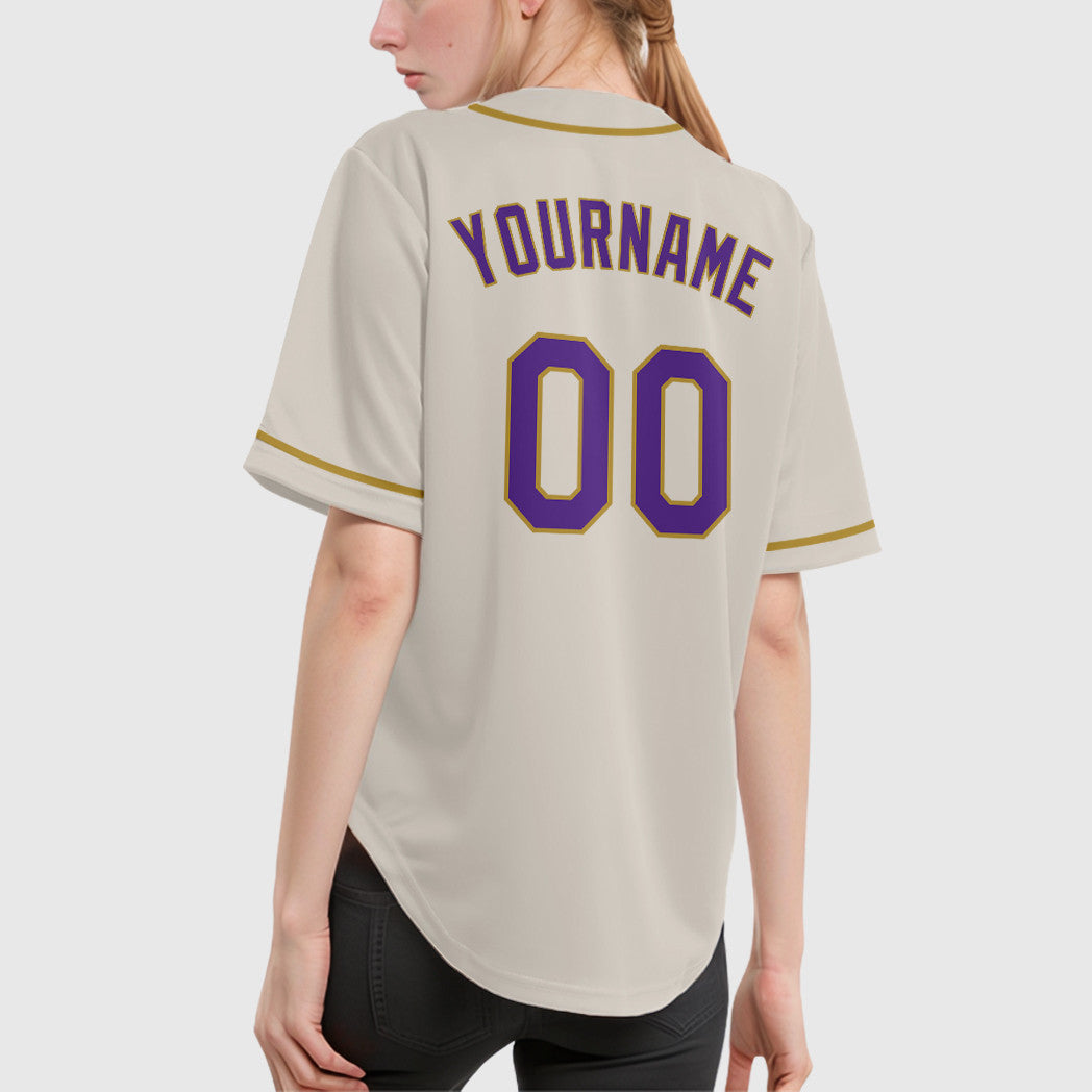 Custom Cream Purple Old Gold Sleeve Baseball Jersey