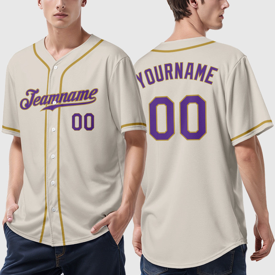 Custom Cream Purple Old Gold Sleeve Baseball Jersey