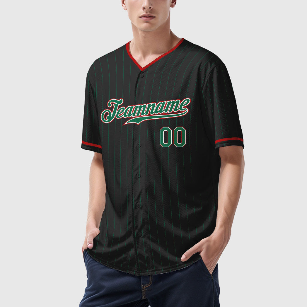 Custom Black Kelly Green Kelly Green-Red Pinstripe Baseball Jersey