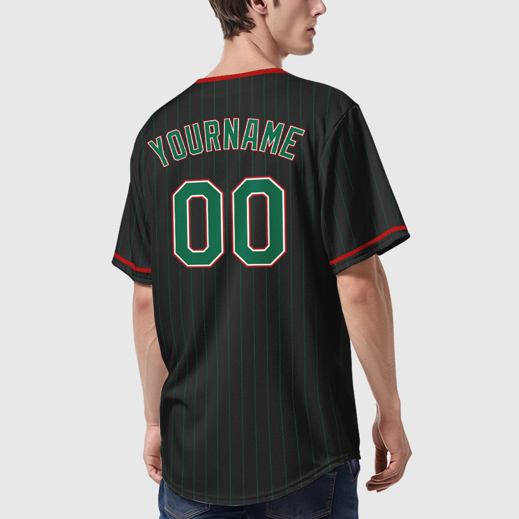Custom Black Kelly Green Kelly Green-Red Pinstripe Baseball Jersey