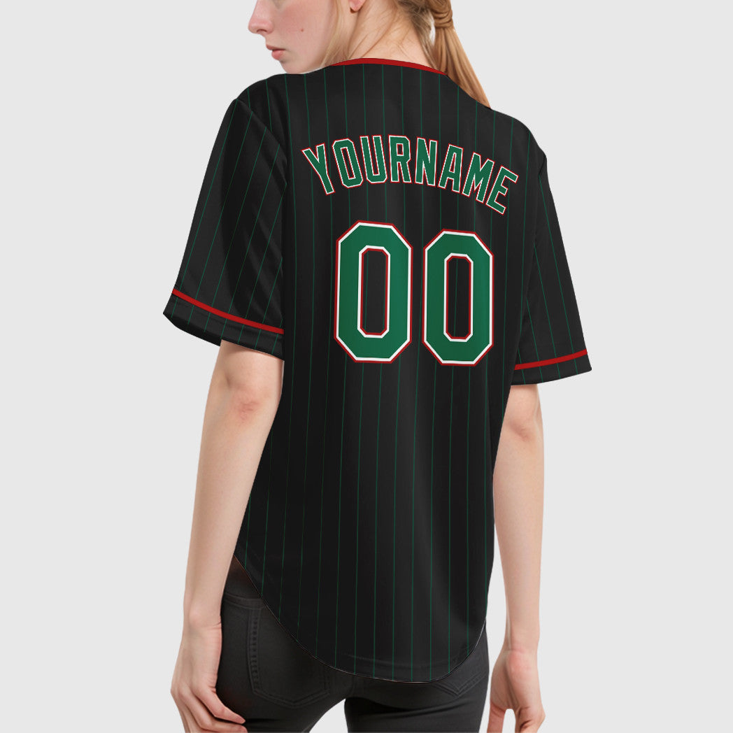 Custom Black Kelly Green Kelly Green-Red Pinstripe Baseball Jersey