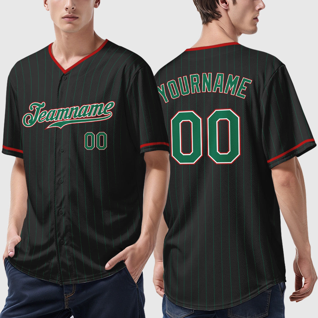 Custom Black Kelly Green Kelly Green-Red Pinstripe Baseball Jersey