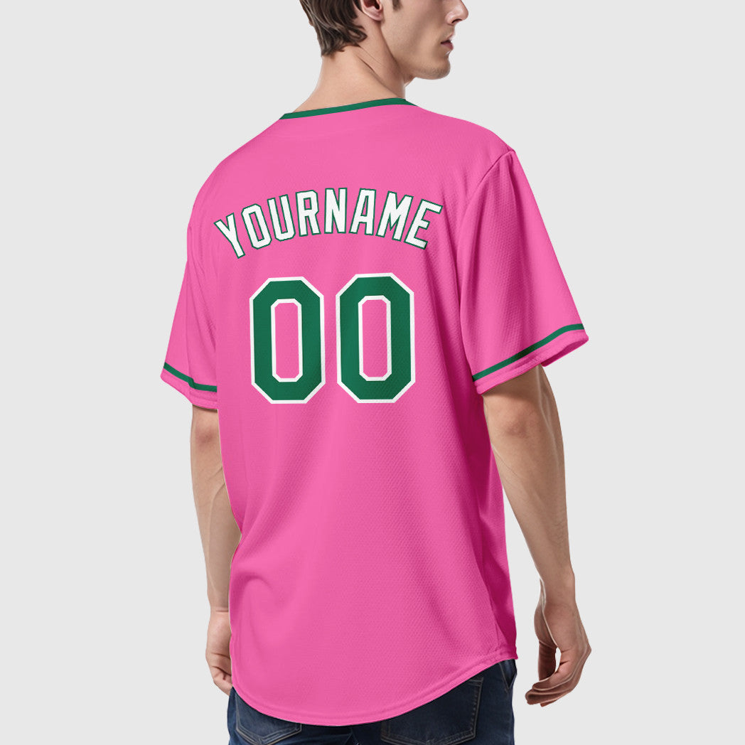 Custom Pink White Kelly Green-White Collar Sleeve Baseball Jersey