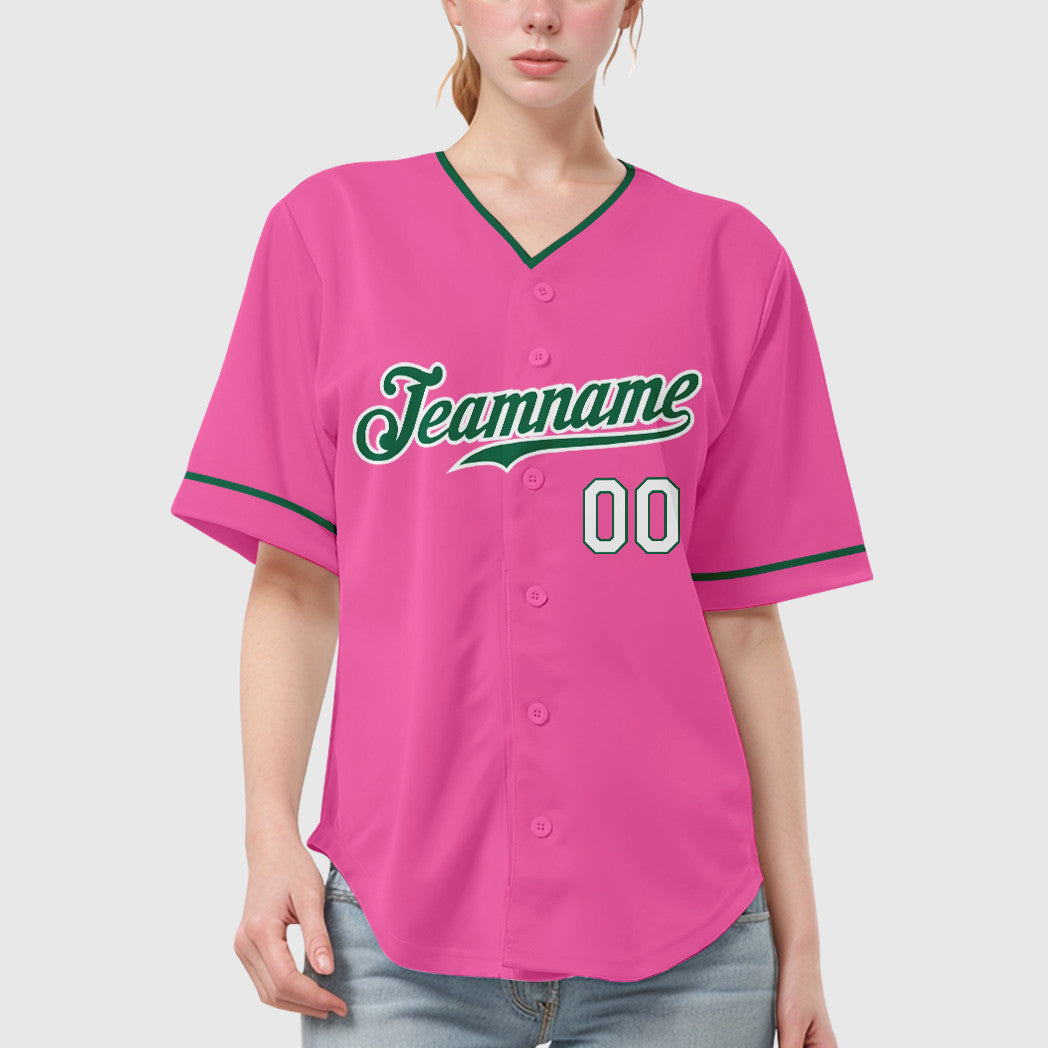 Custom Pink White Kelly Green-White Collar Sleeve Baseball Jersey