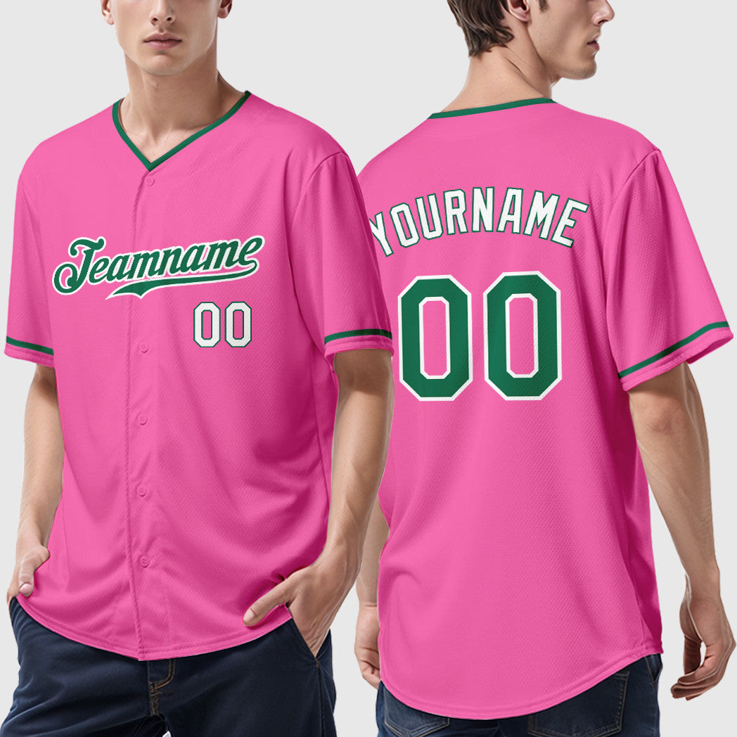 Custom Pink White Kelly Green-White Collar Sleeve Baseball Jersey