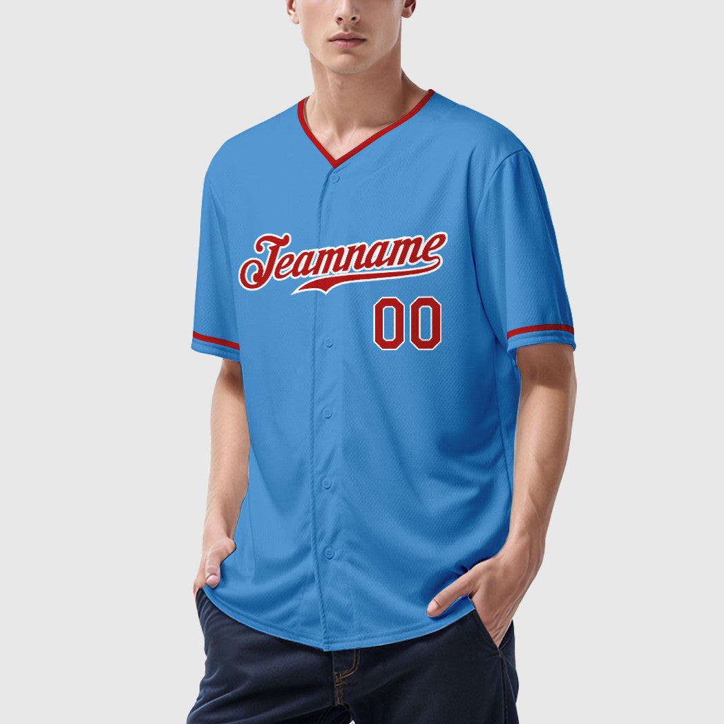 Custom Powder Blue White Red-White Collar Sleeve Baseball Jersey