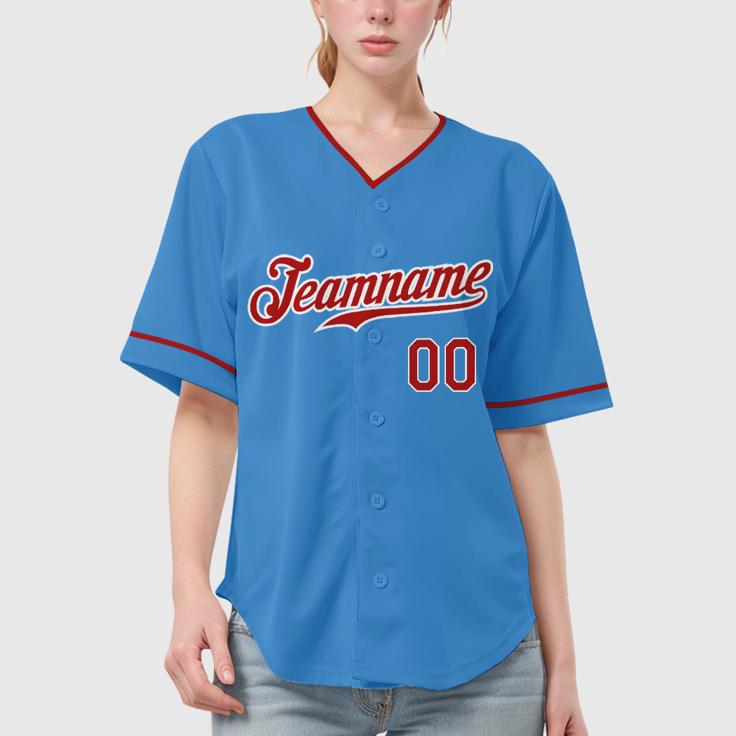 Custom Powder Blue White Red-White Collar Sleeve Baseball Jersey
