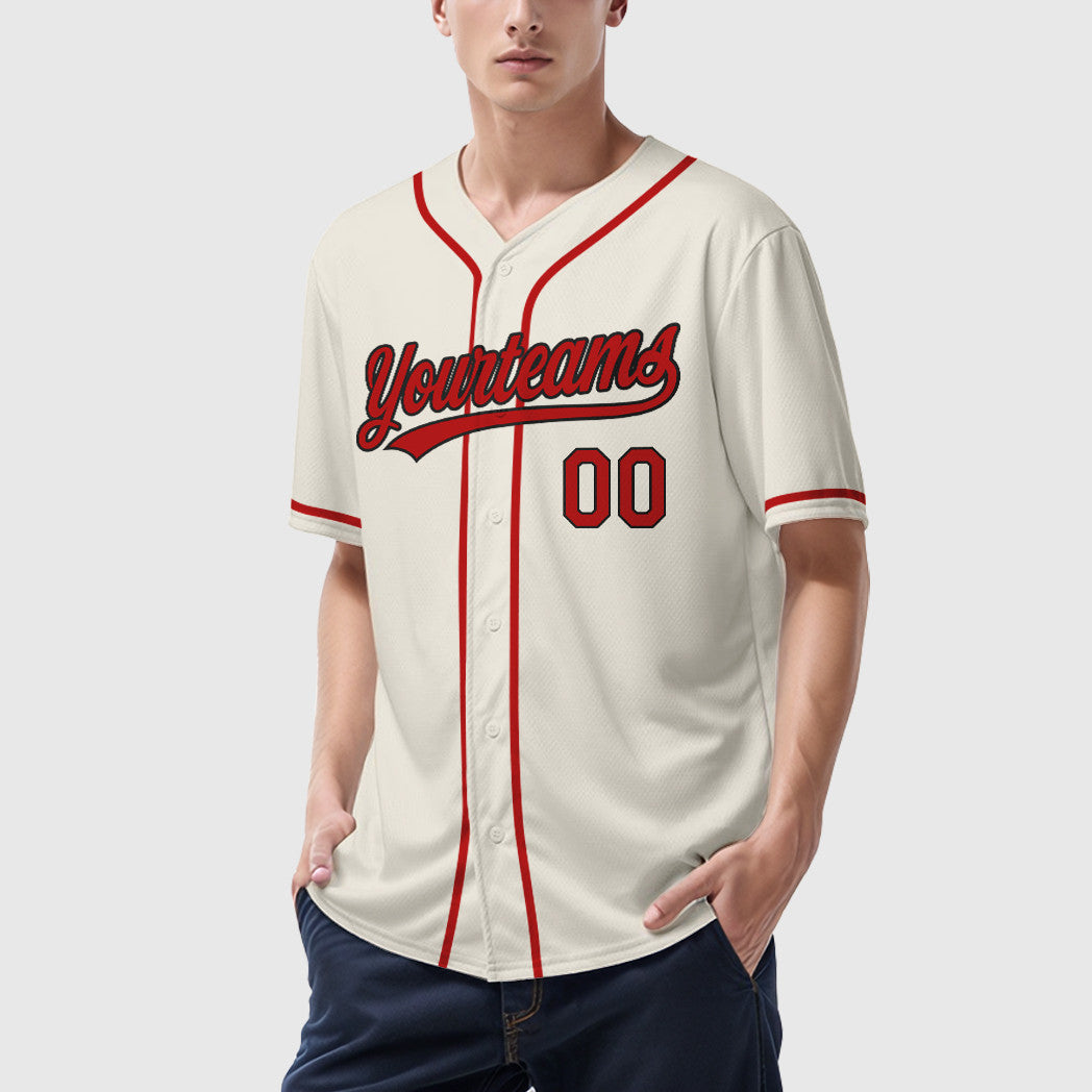 Custom Cream Black Red Sleeve Baseball Jersey