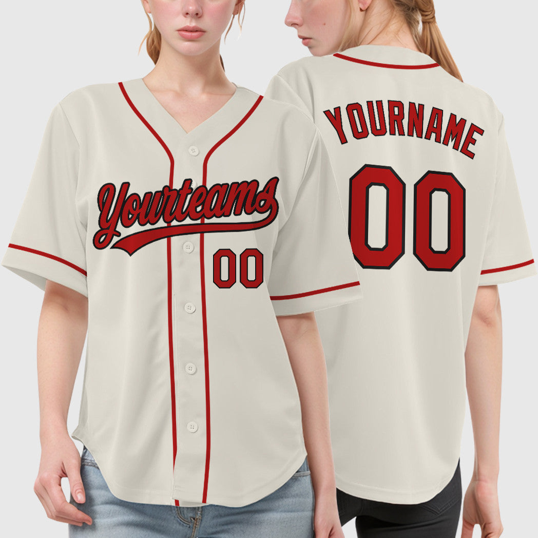 Custom Cream Black Red Sleeve Baseball Jersey