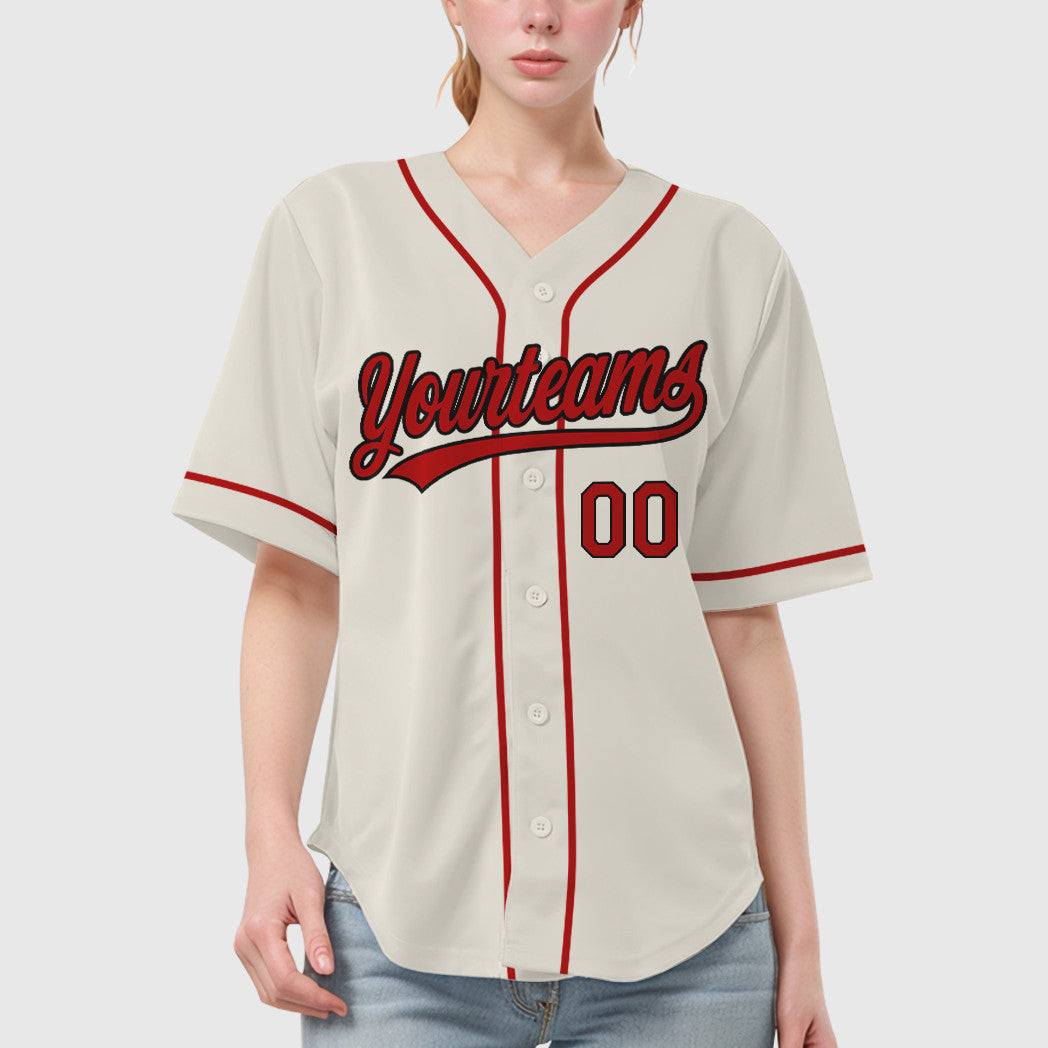 Custom Cream Black Red Sleeve Baseball Jersey