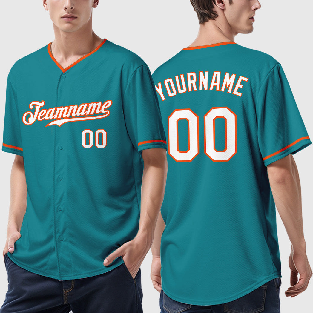 Custom Teal Orange White-Orange Collar Sleeve Baseball Jersey