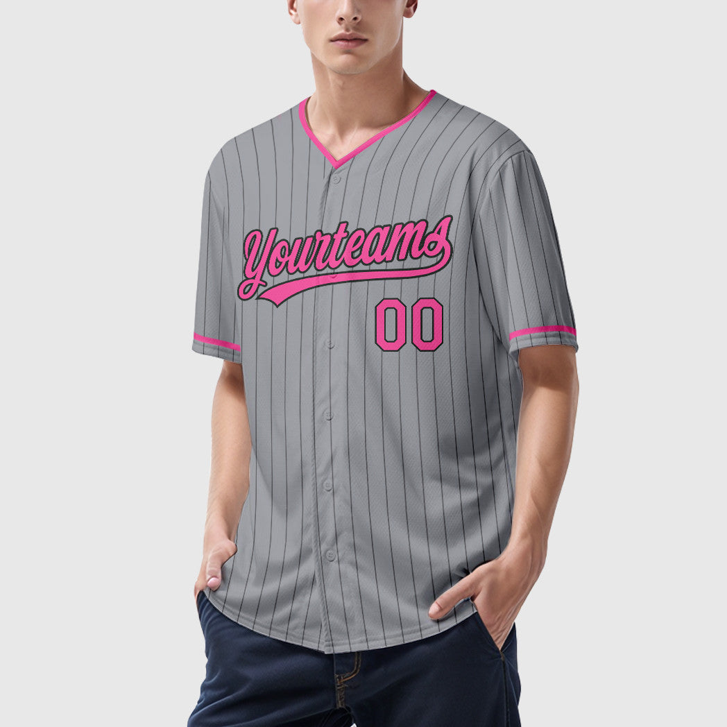 Custom Gray Black Pink Pinstripe Baseball Jersey