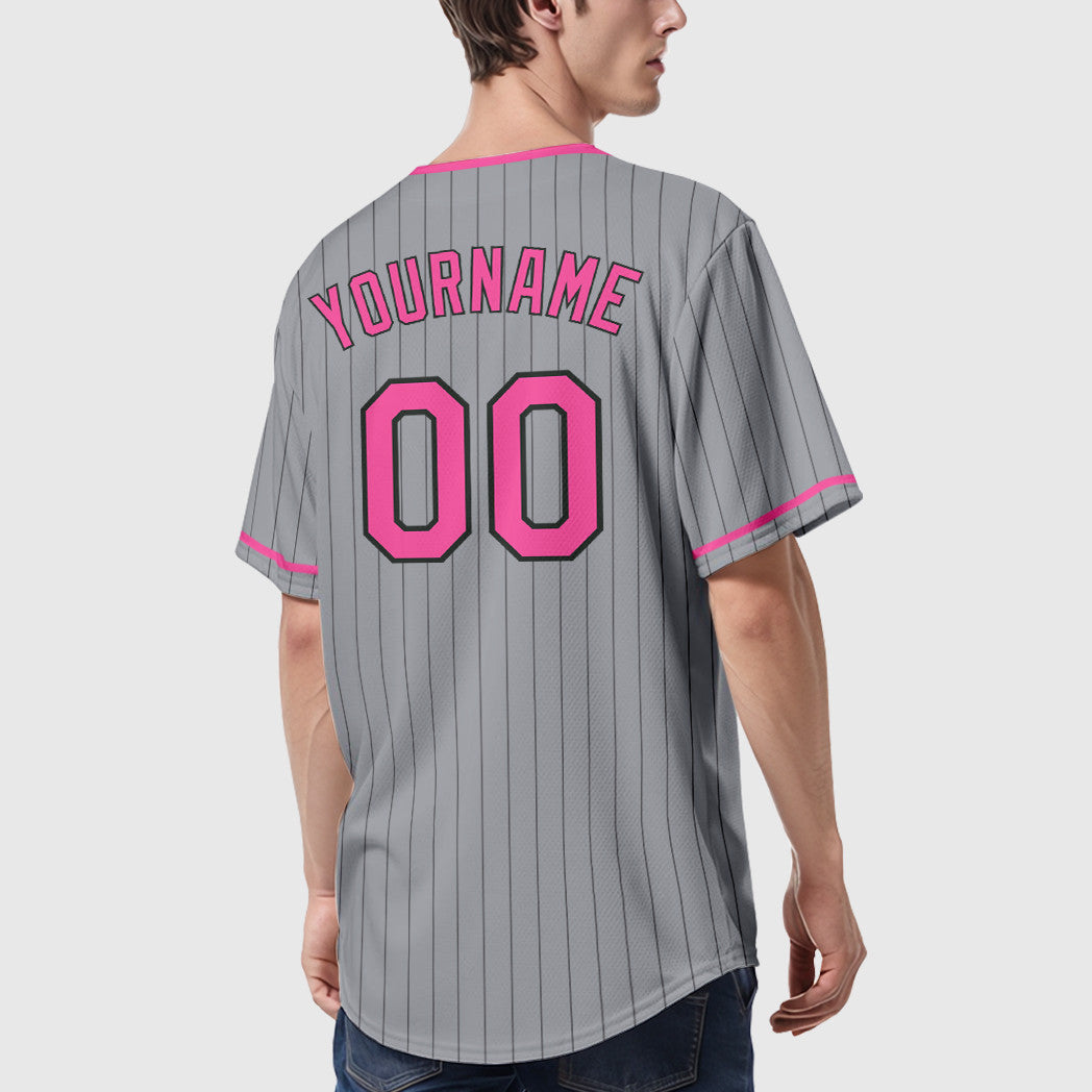 Custom Gray Black Pink Pinstripe Baseball Jersey
