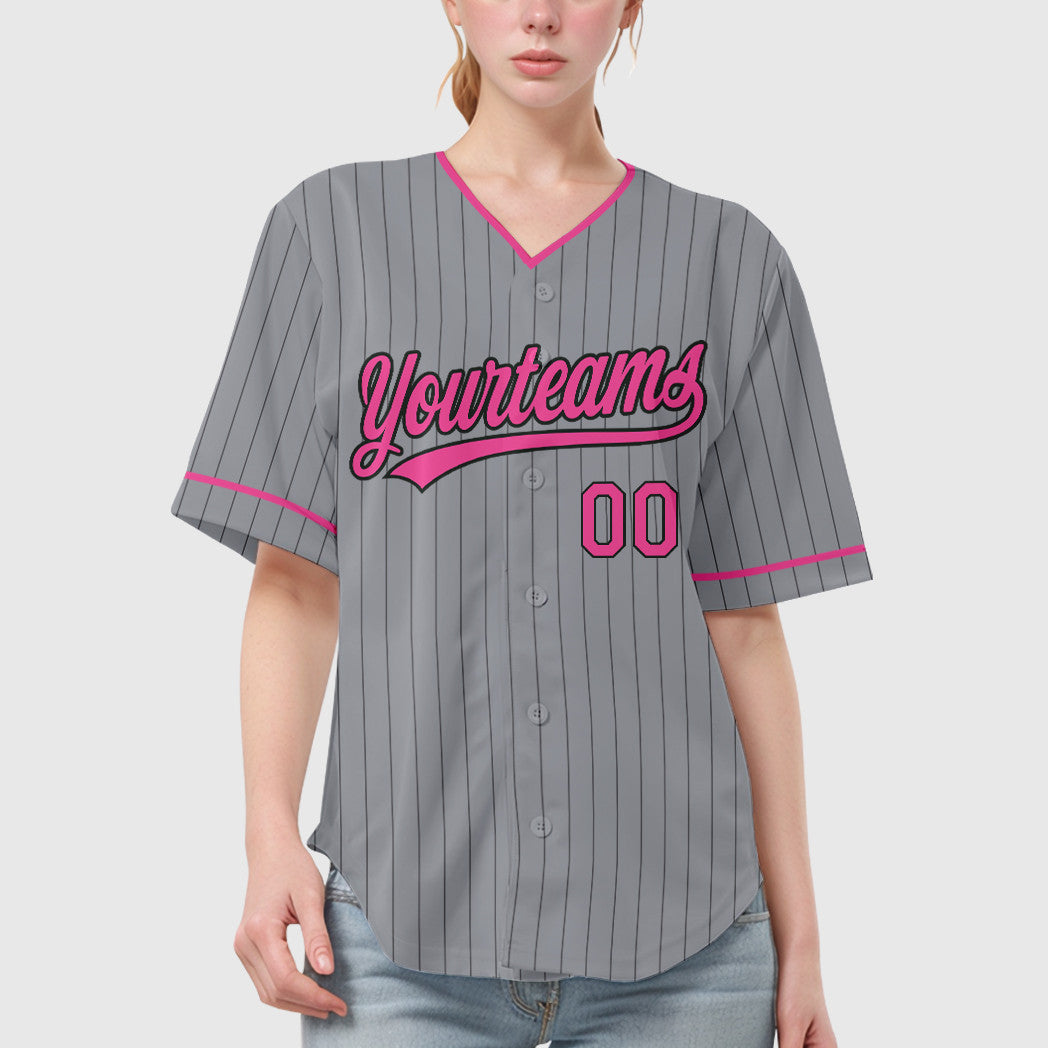 Custom Gray Black Pink Pinstripe Baseball Jersey
