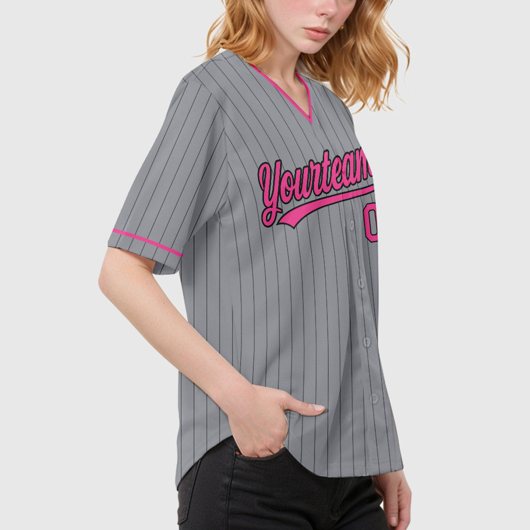 Custom Gray Black Pink Pinstripe Baseball Jersey