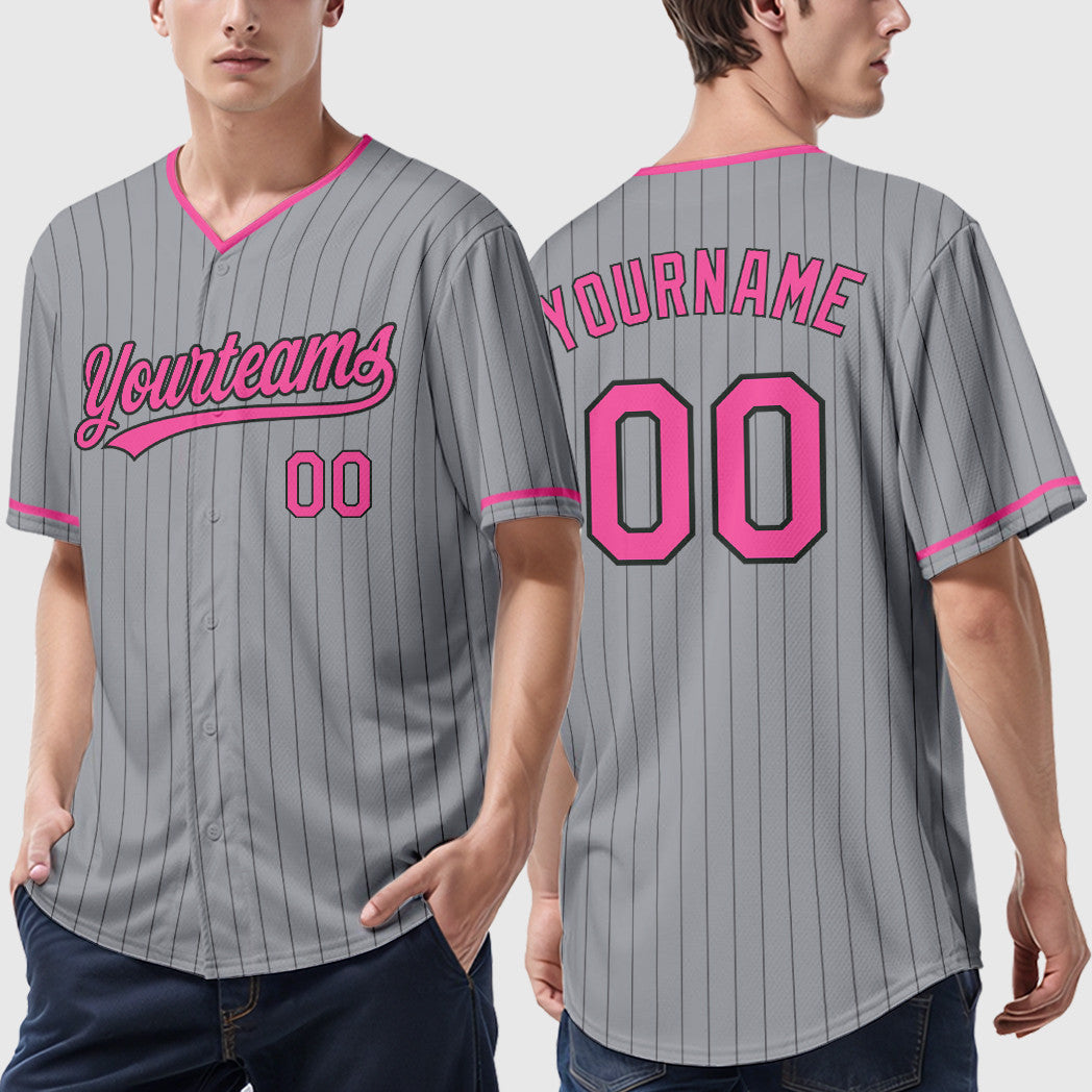 Custom Gray Black Pink Pinstripe Baseball Jersey