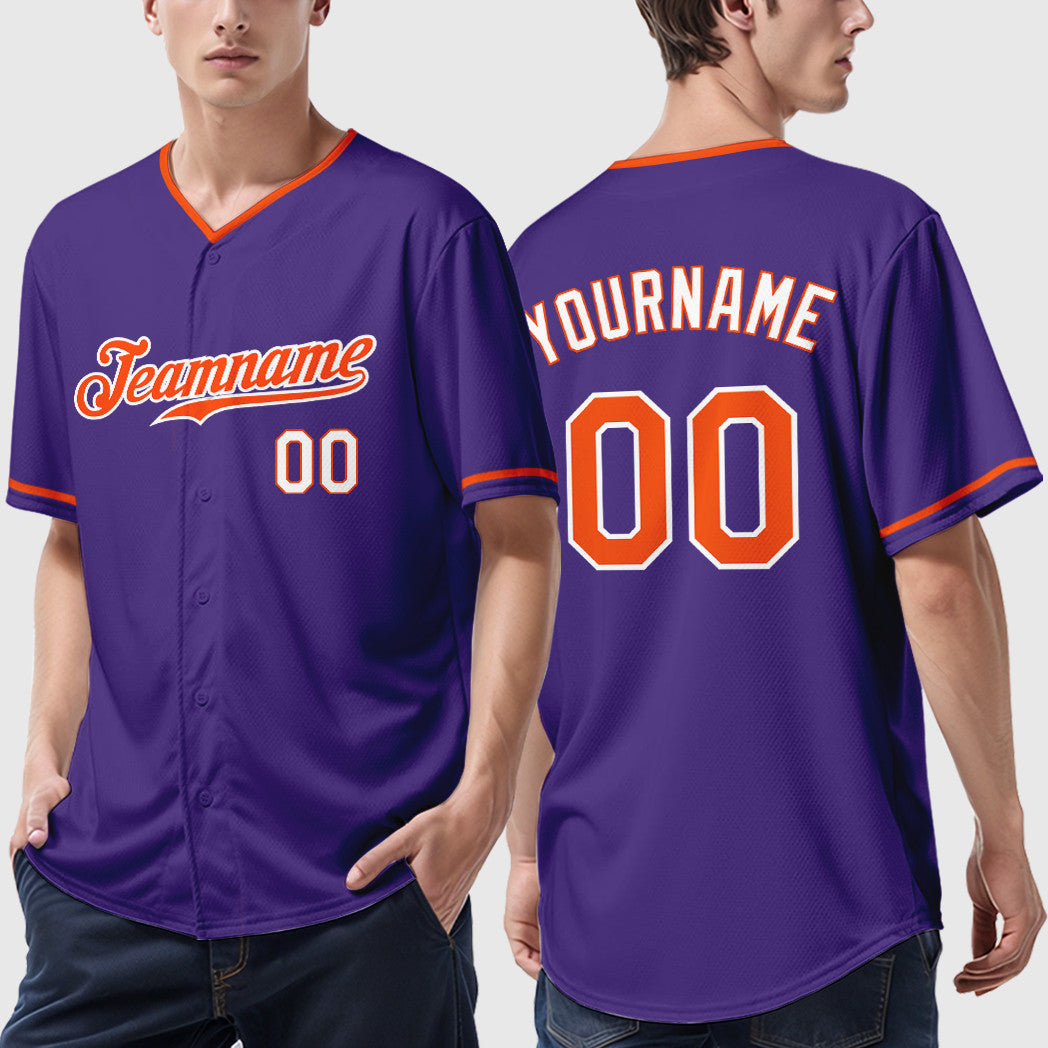 Custom Purple White Orange-White Collar Sleeve Baseball Jersey