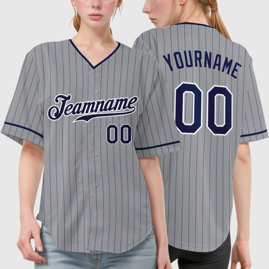 Custom Gray Navy Navy-White Pinstripe Baseball Jersey