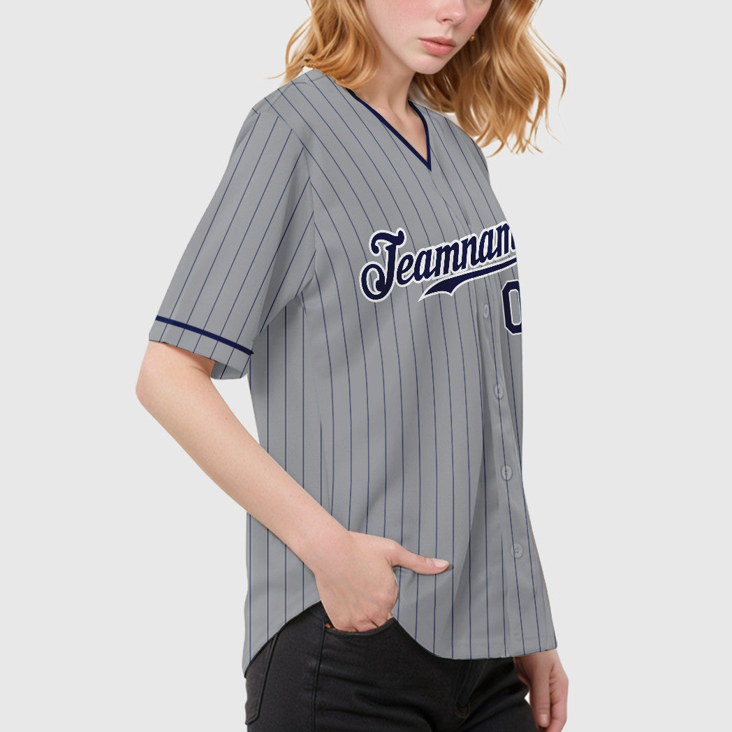 Custom Gray Navy Navy-White Pinstripe Baseball Jersey