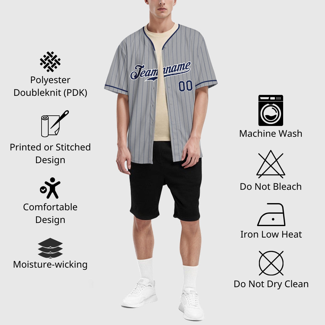 Custom Gray Navy Navy-White Pinstripe Baseball Jersey