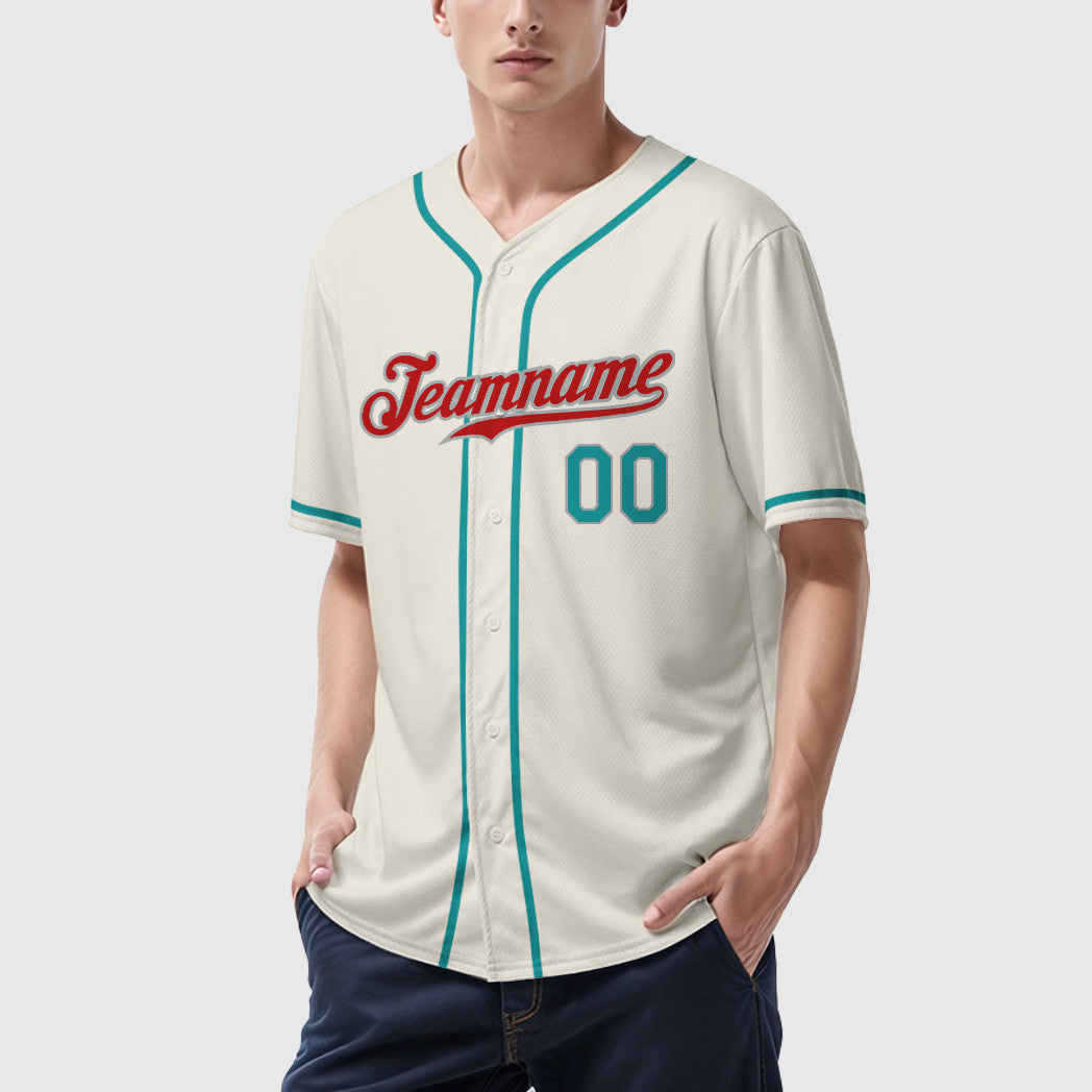 Custom Cream Teal Red Teal-Gray Sleeve Baseball Jersey