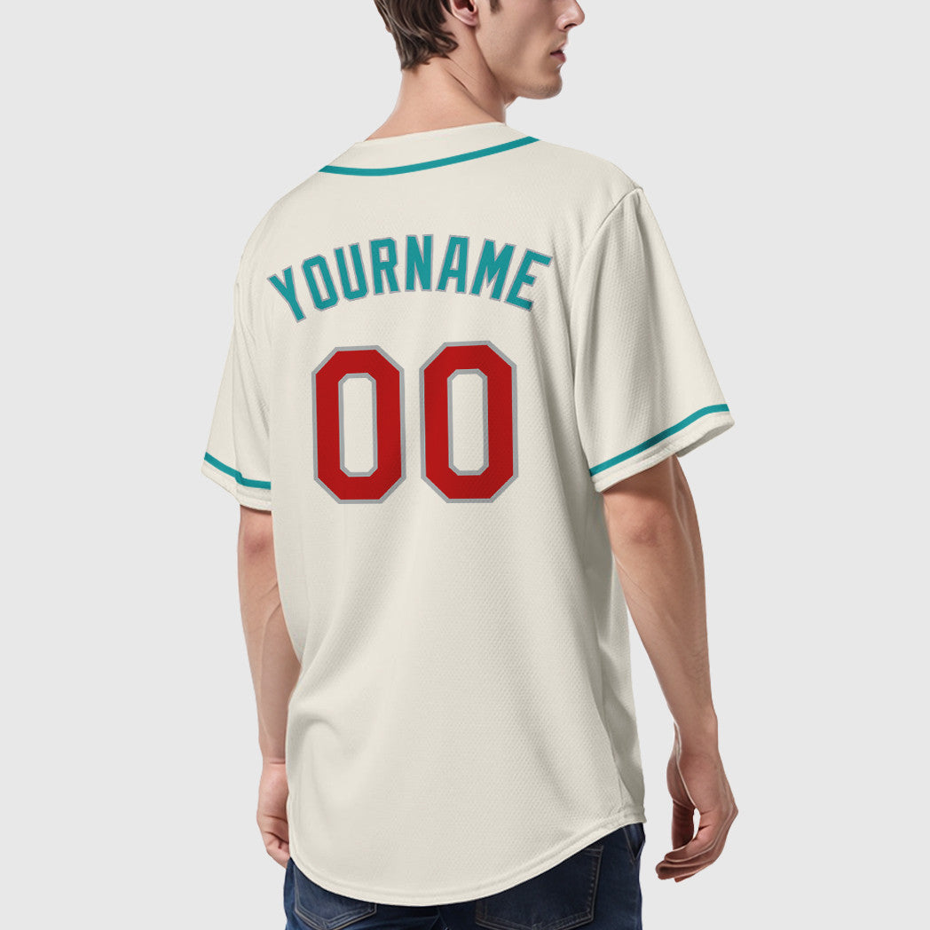 Custom Cream Teal Red Teal-Gray Sleeve Baseball Jersey