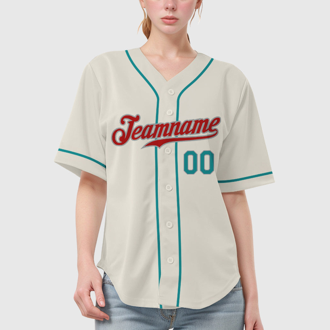 Custom Cream Teal Red Teal-Gray Sleeve Baseball Jersey