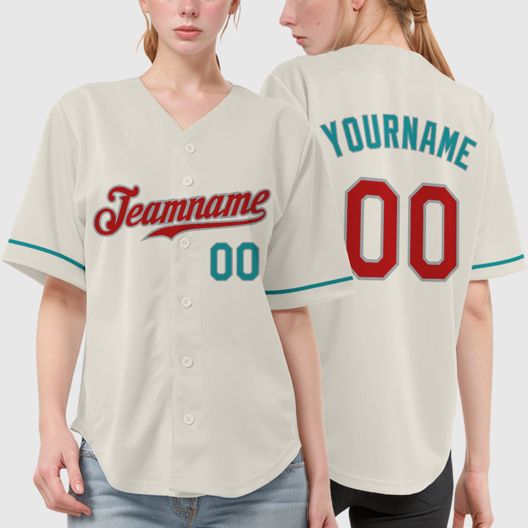 Custom Cream Teal Red Teal-Gray Baseball Jersey