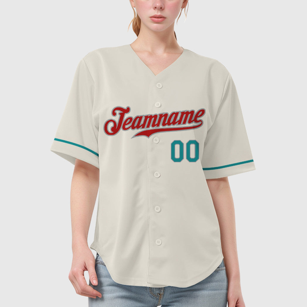 Custom Cream Teal Red Teal-Gray Baseball Jersey