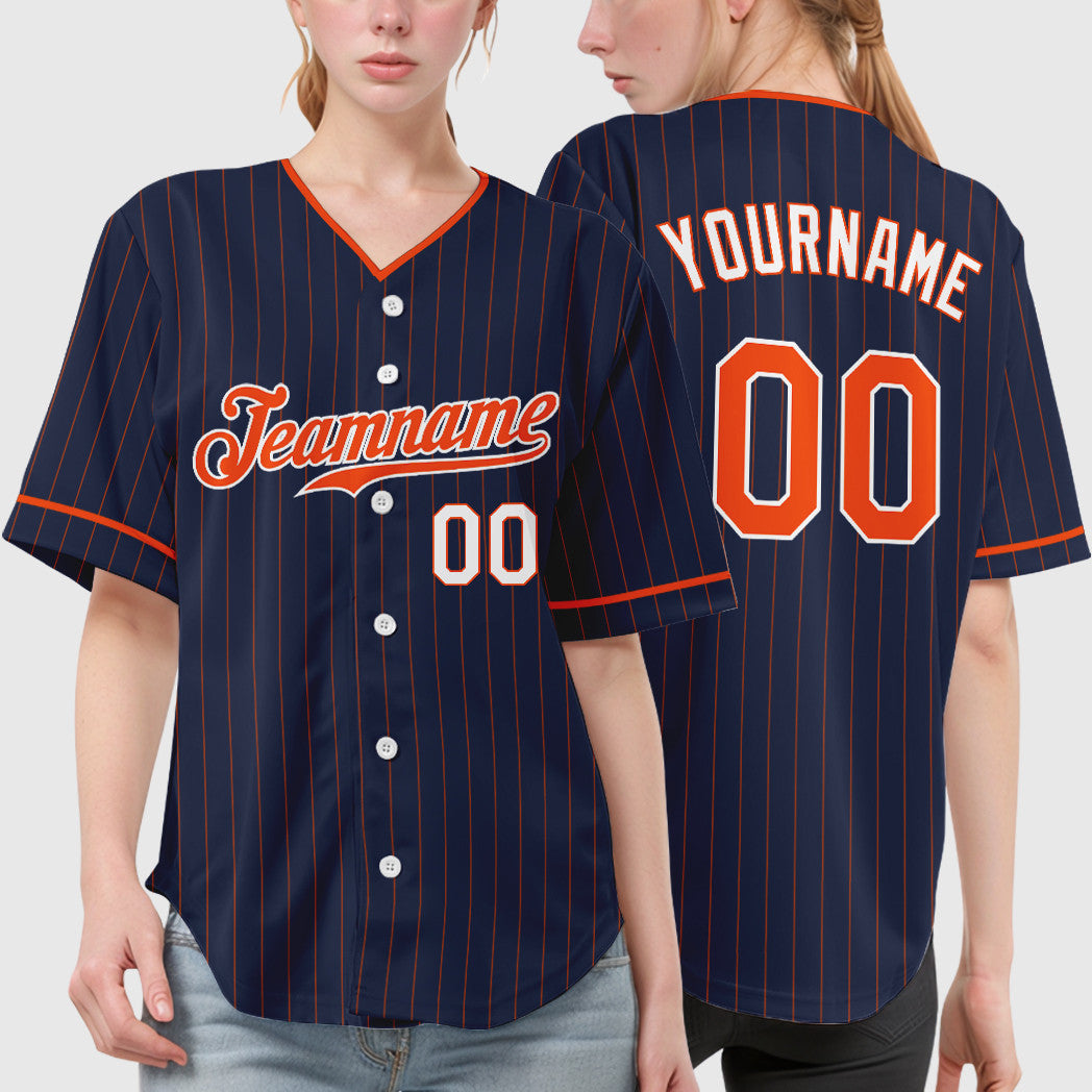 Custom Navy Orange Orange-White Pinstripe Baseball Jersey