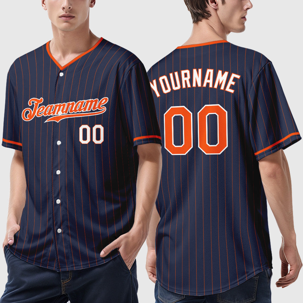 Custom Navy Orange Orange-White Pinstripe Baseball Jersey