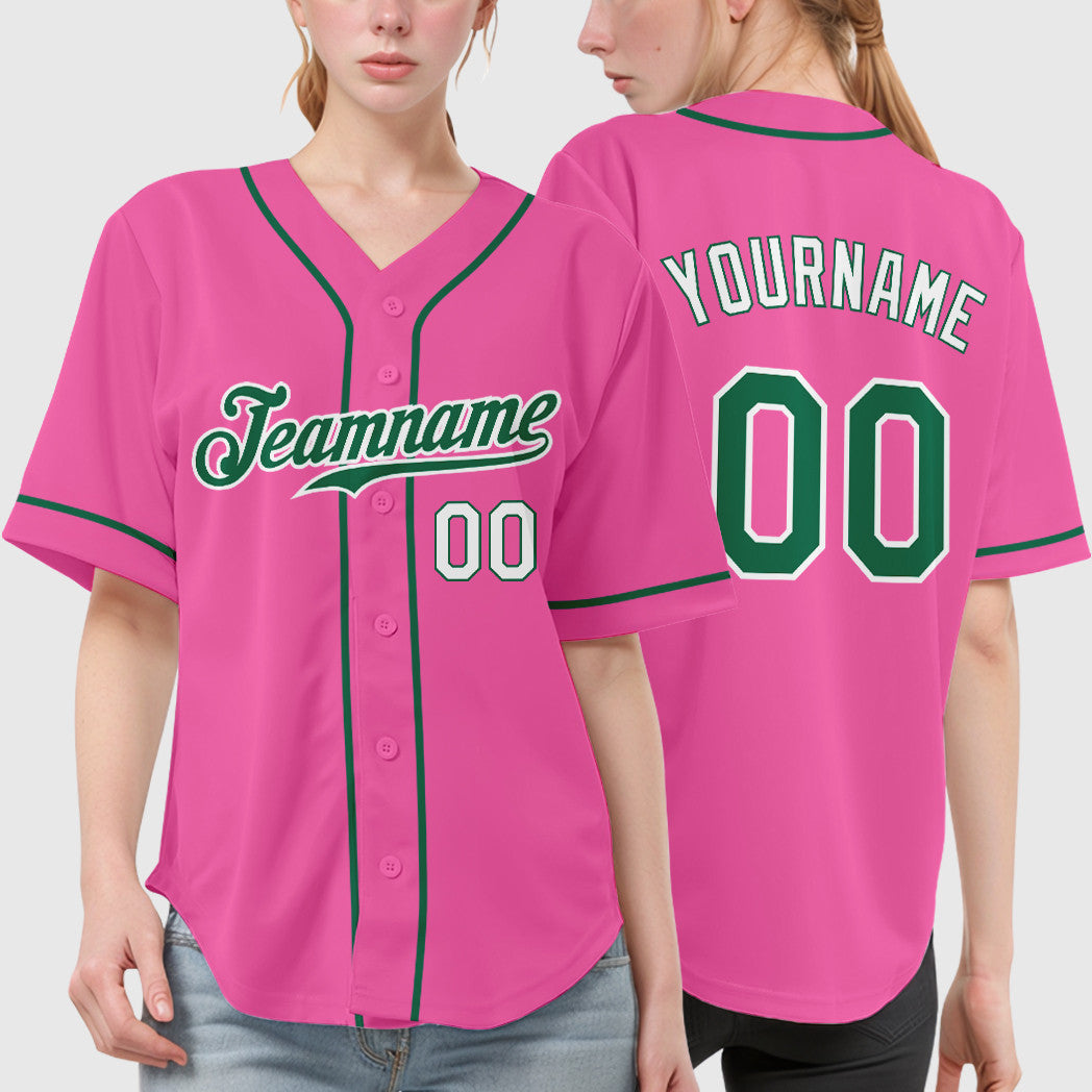 Custom Pink White Kelly Green-White Sleeve Baseball Jersey