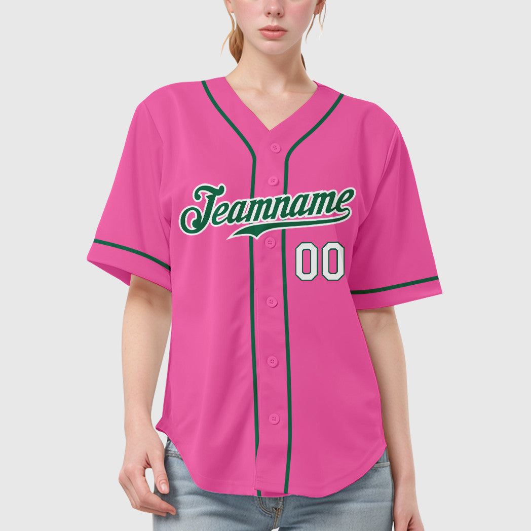 Custom Pink White Kelly Green-White Sleeve Baseball Jersey