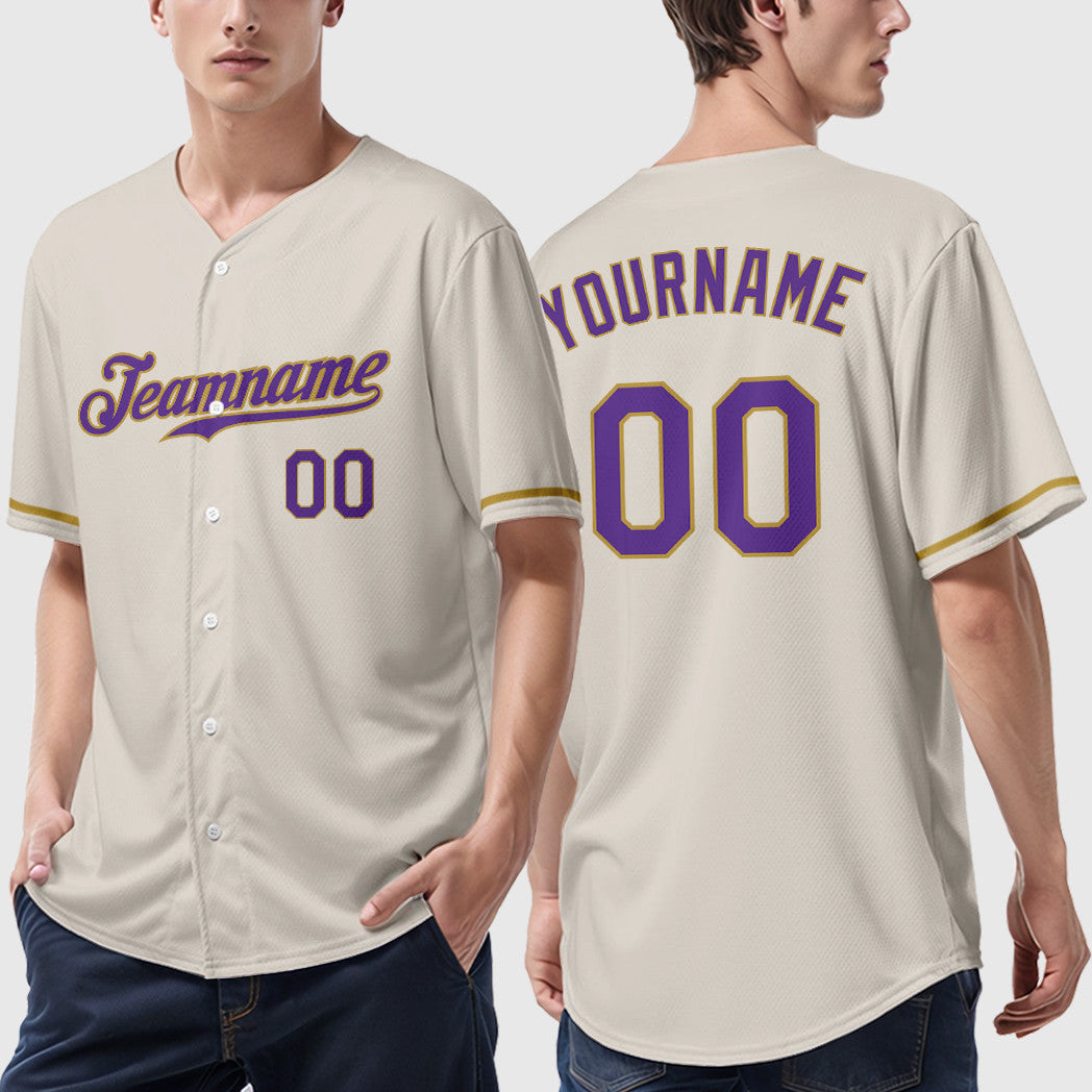 Custom Cream Purple Old Gold Baseball Jersey