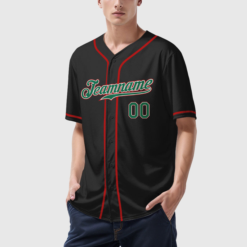 Custom Black Kelly Green Kelly Green-Red Sleeve Baseball Jersey