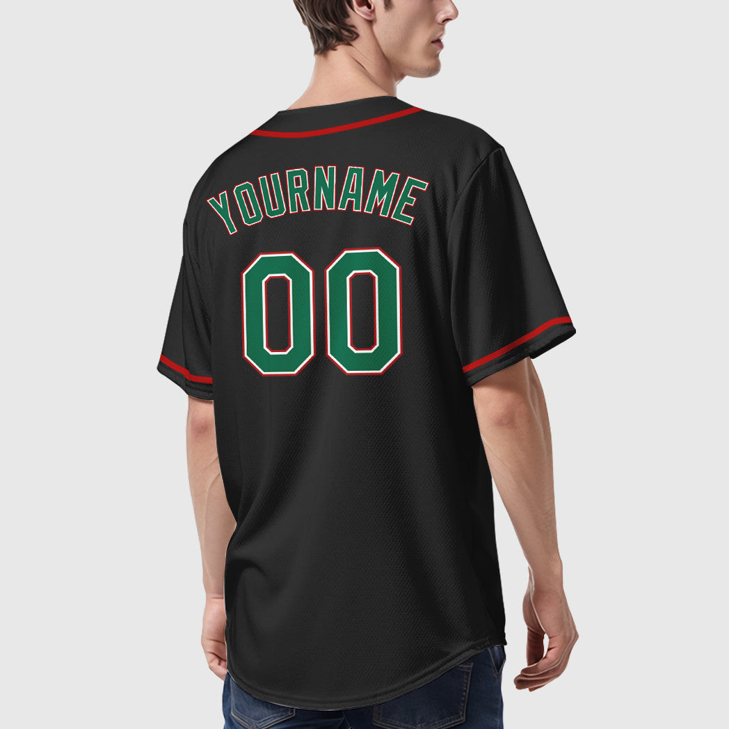 Custom Black Kelly Green Kelly Green-Red Sleeve Baseball Jersey