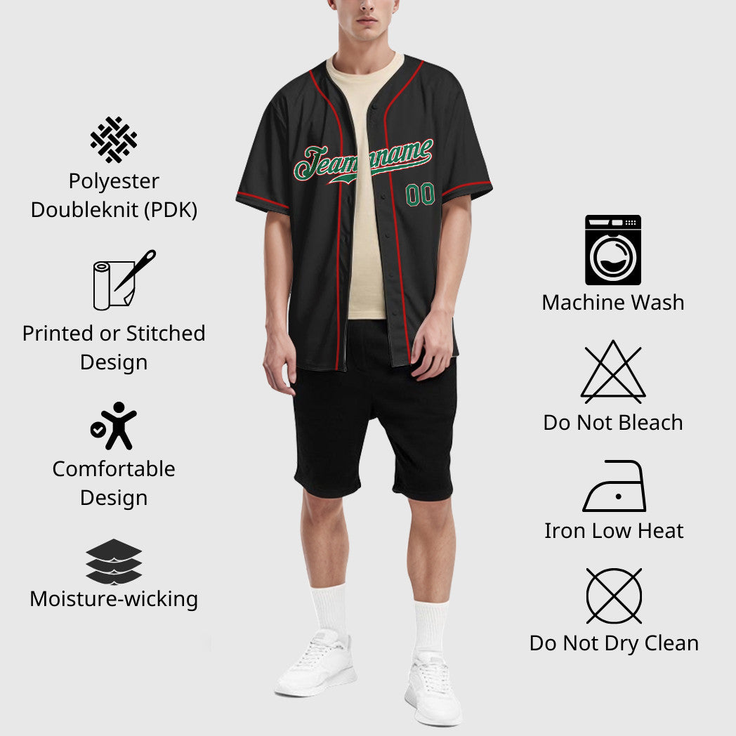 Custom Black Kelly Green Kelly Green-Red Sleeve Baseball Jersey