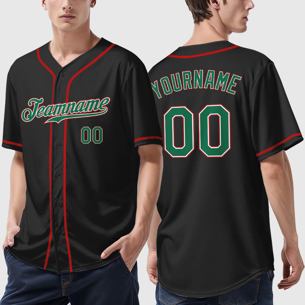 Custom Black Kelly Green Kelly Green-Red Sleeve Baseball Jersey